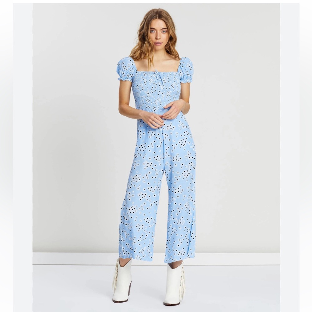 FAITHFULL THE BRAND Essa Floral Della Jumpsuit Size 8 Smocked Bodice Puff Sleeve